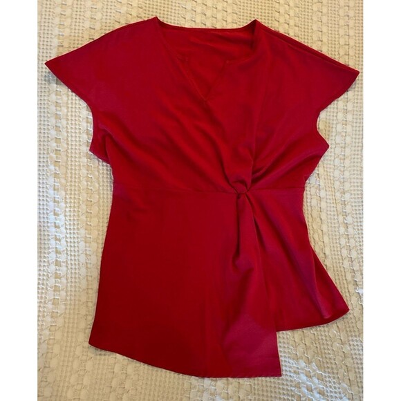 XL Red Blouse Cap Sleeves Faux Wrap Top Asymmetrical Hem V Neck Elastic Waist - Picture 2 of 10